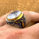 Turkish Handcrafted 925 Sterling Silver Men's Ring | Ottoman Style White Oval Zircon