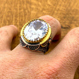 Turkish Handcrafted 925 Sterling Silver Men's Ring | Ottoman Style White Oval Zircon
