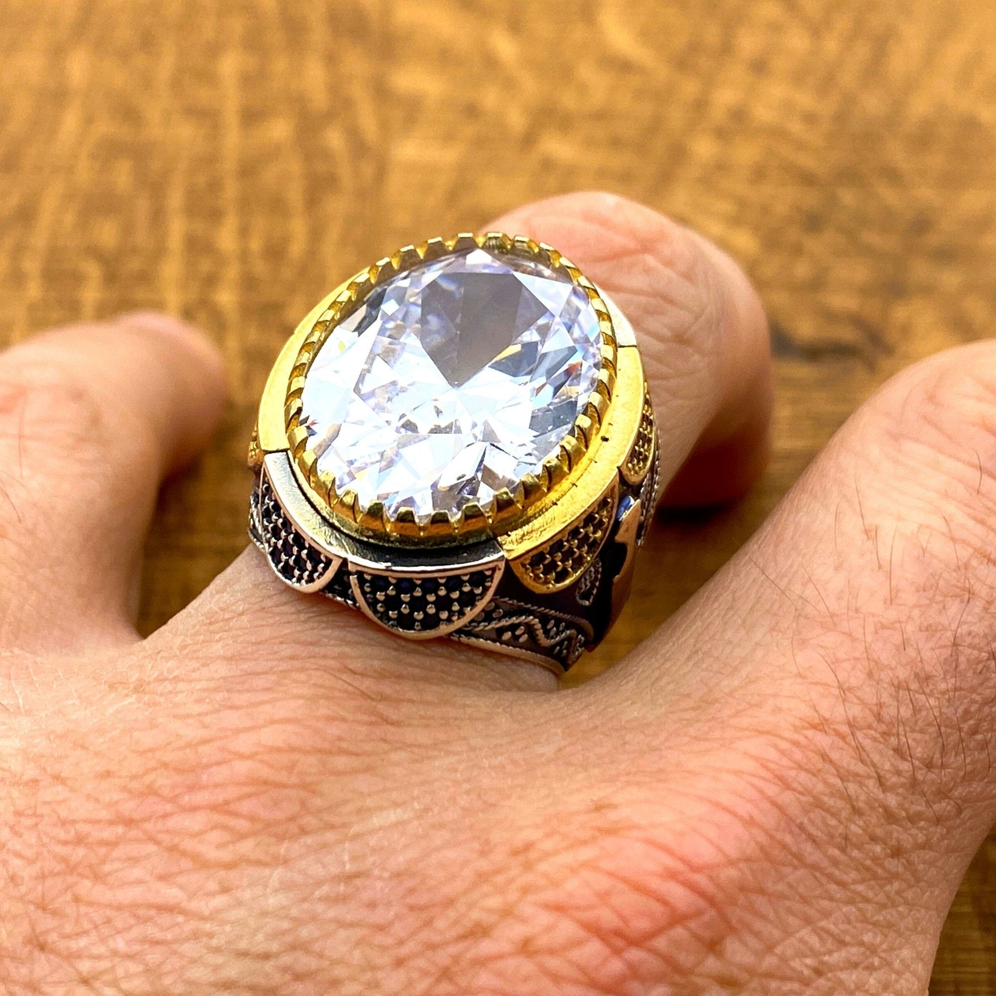 Turkish Handcrafted 925 Sterling Silver Men's Ring | Ottoman Style White Oval Zircon