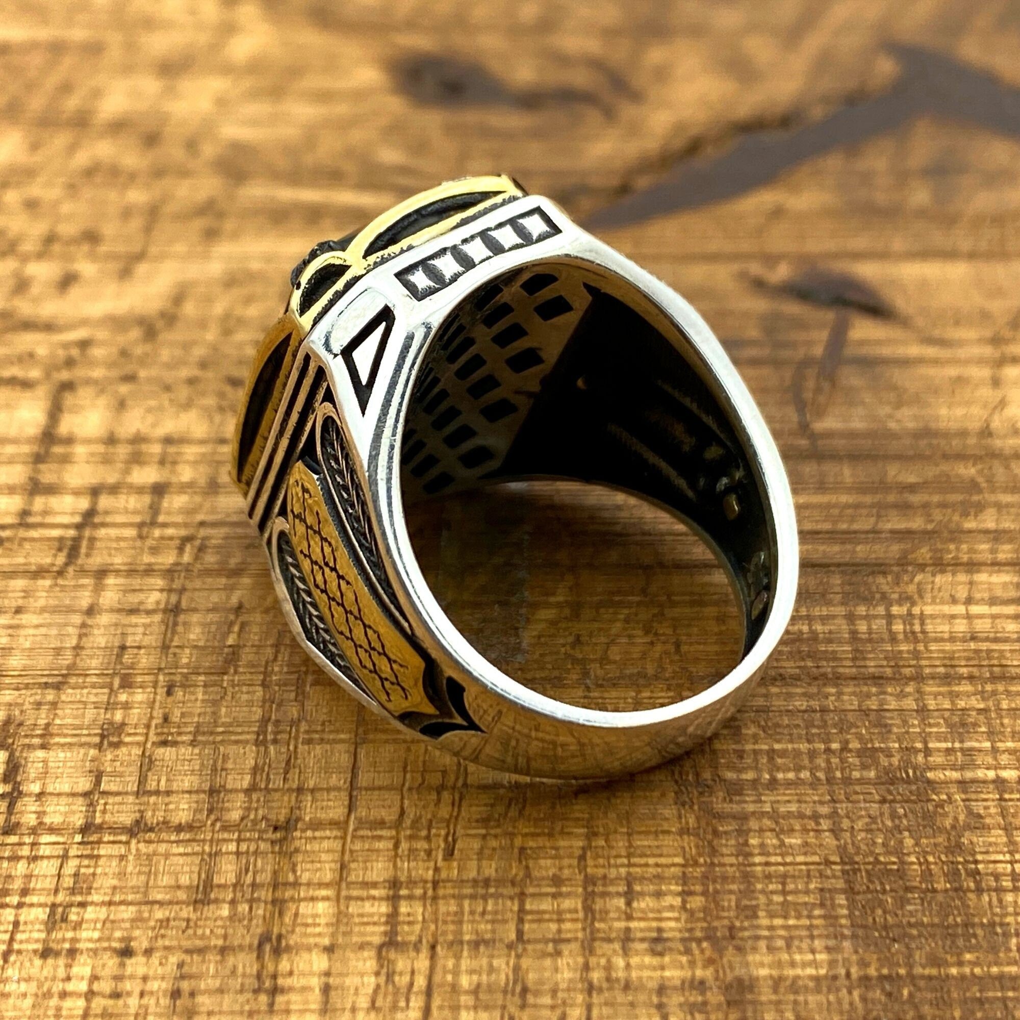 خاتم رجالي يدوي من الفضة الإسترلينية العثمانية مع زمرد - مجوهرات تركية أصلية