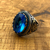 Men's Premium Handmade Turkish 925 Sterling Silver Oval Aquamarine Ring