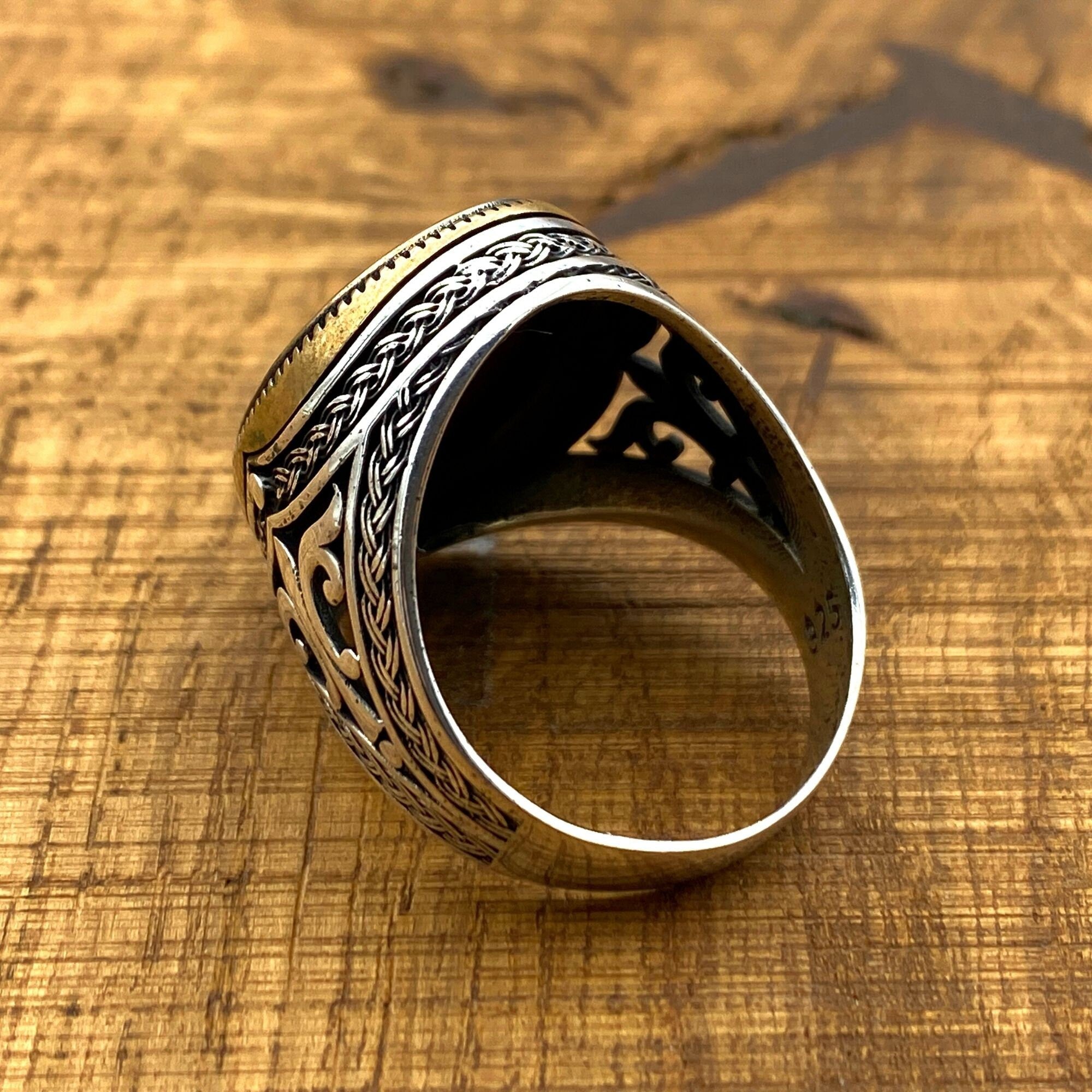 خاتم رجالي تركي أصلي من الفيروز الأحمر 925 فضة استرلينية مصنوع يدويًا بيان