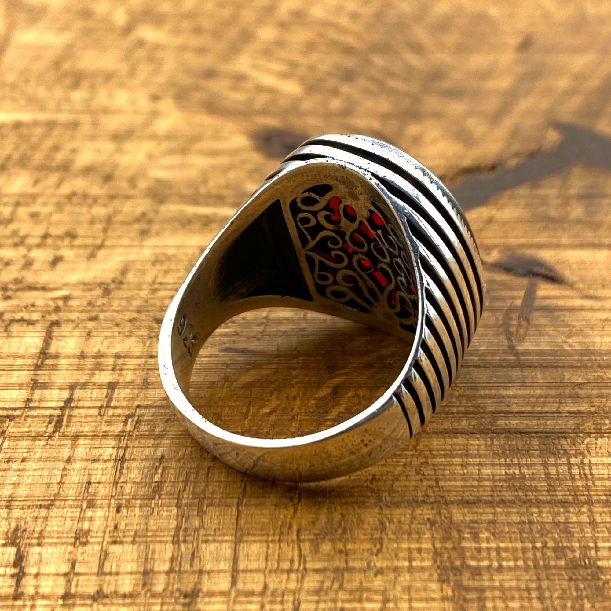 خاتم رجالي من الزركون الأحمر العثماني الأصيل - مجوهرات بيان فضة استرليني 925 مصنوعة يدوياً