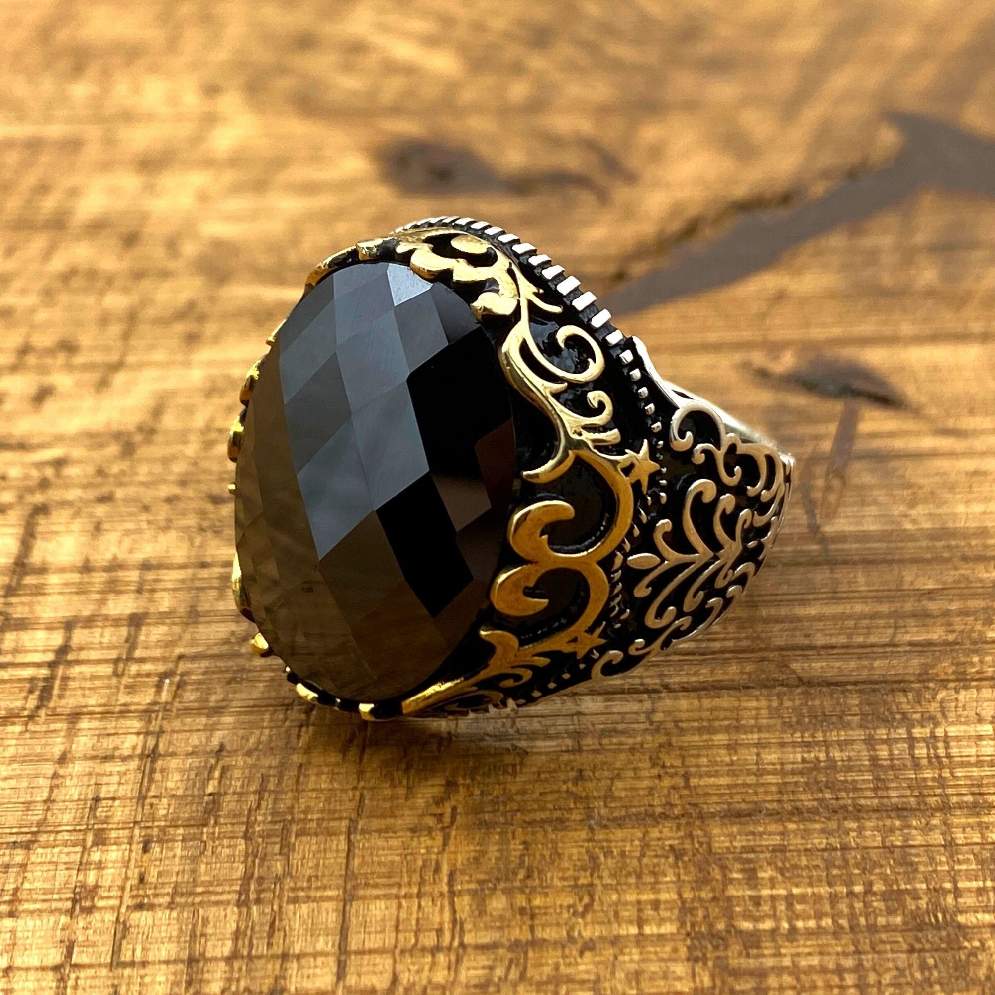 Men's Bold Black Zircon 925 Sterling Silver Ring - Authentic Turkish Handmade Statement Jewelry