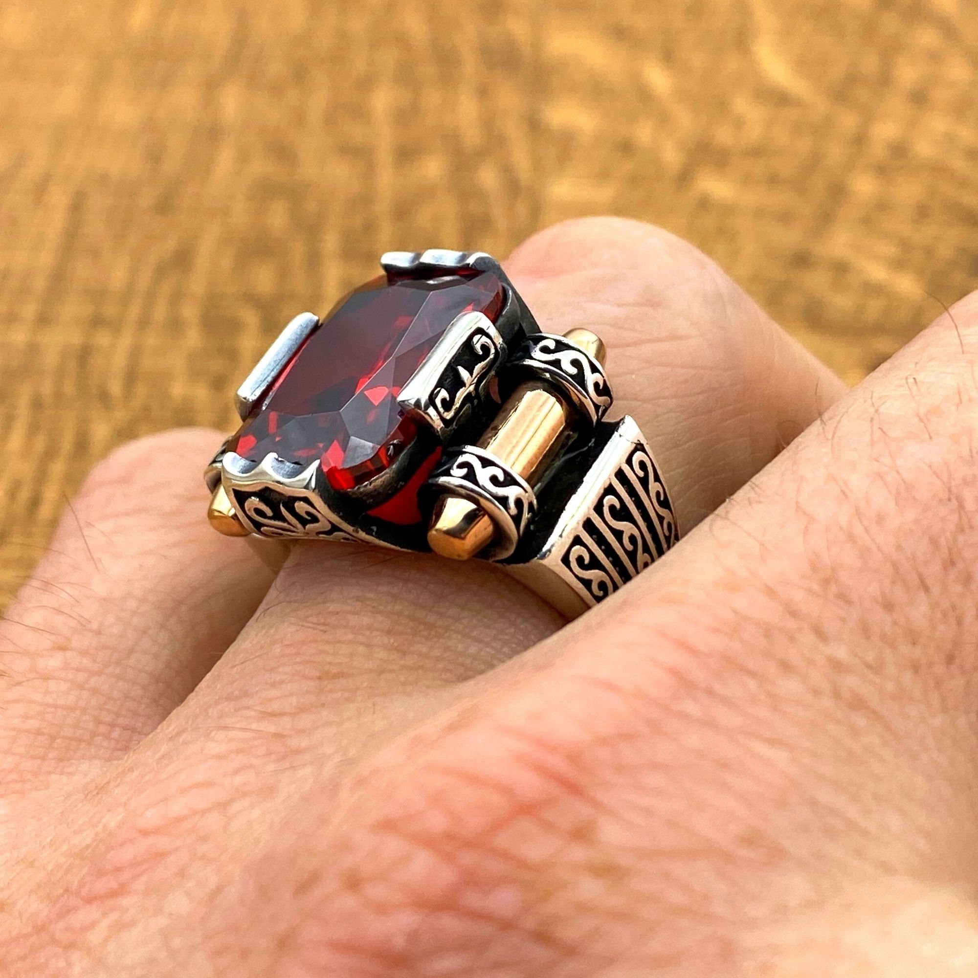 Turkish Handmade Men's Red Ruby Ring | 925 Sterling Silver Gemstone Gift for Him