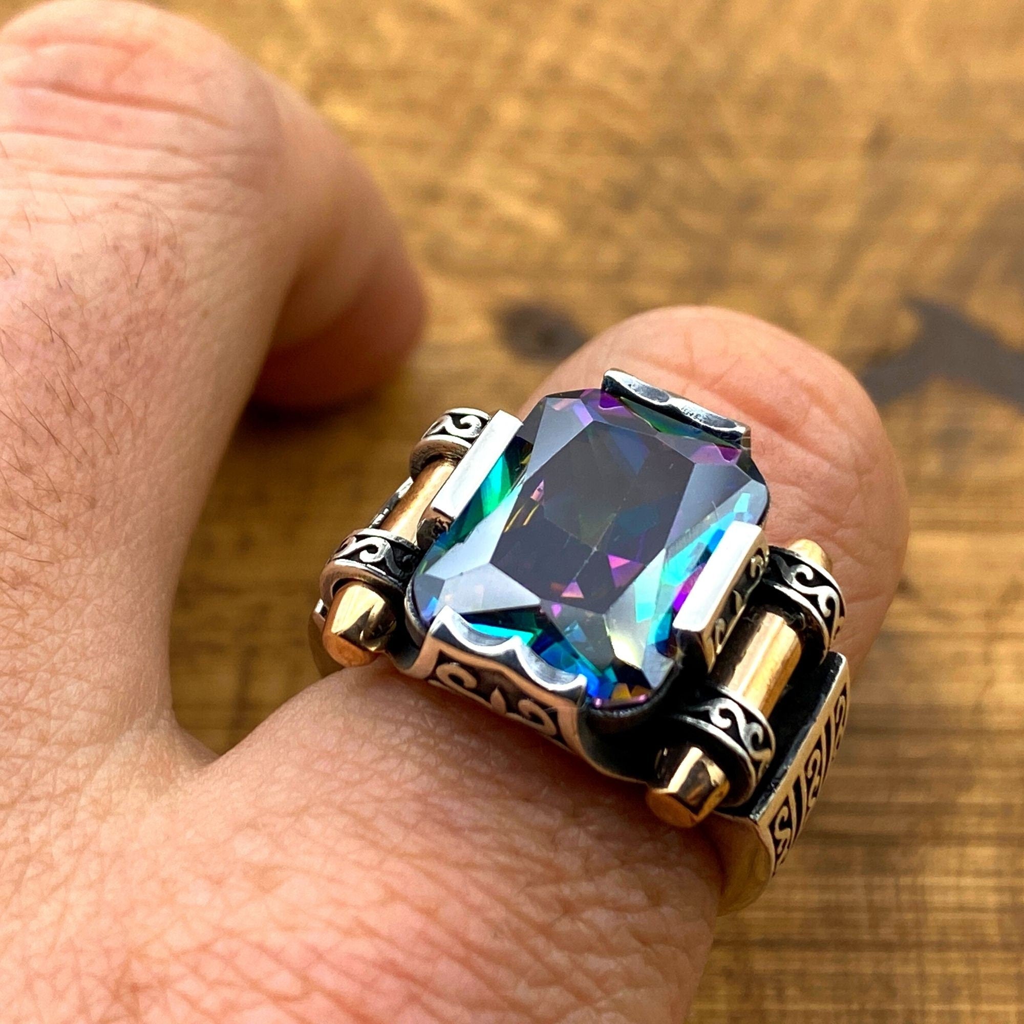 Turkish Handmade Mystic Topaz Men's Ring | 925 Sterling Silver Artisan Jewelry for Him