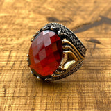 Men's Handcrafted 925 Sterling Silver Crown Ring with Red Zircon Gemstone