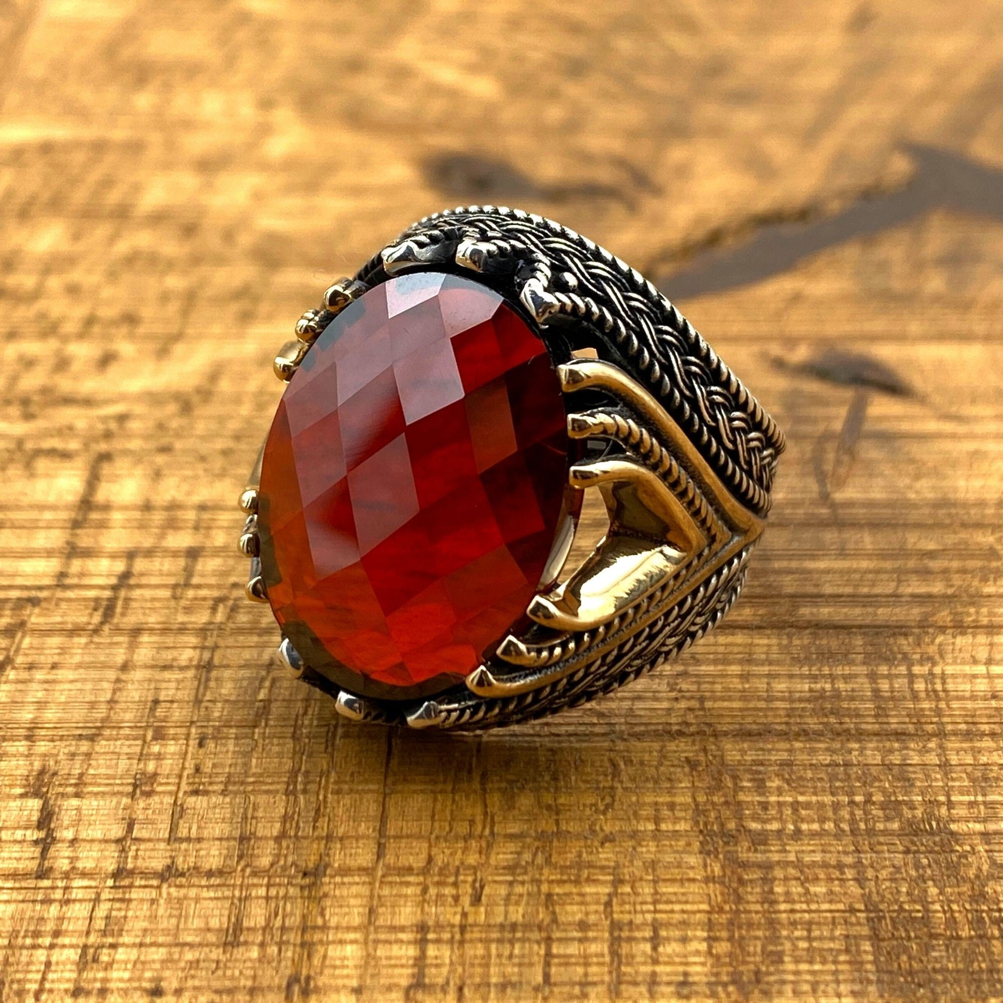 Men's Handcrafted 925 Sterling Silver Crown Ring with Red Zircon Gemstone