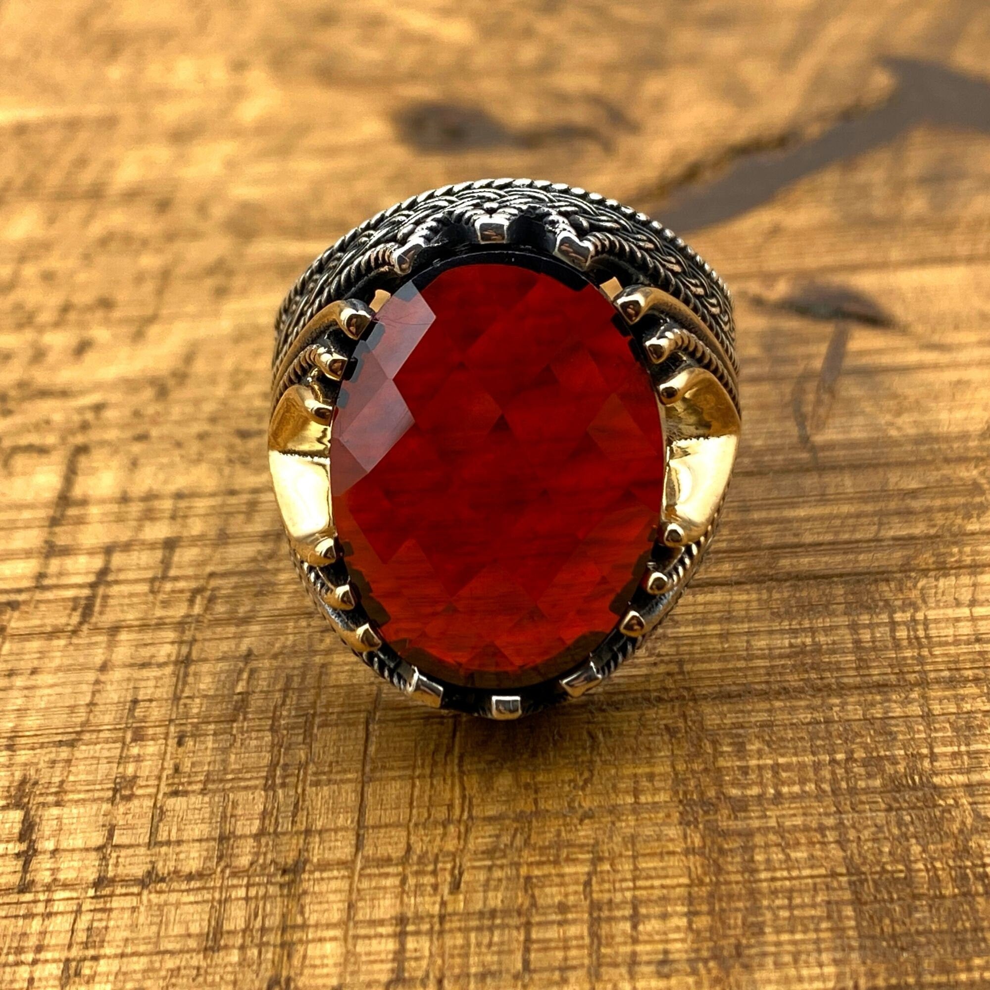 Men's Handcrafted 925 Sterling Silver Crown Ring with Red Zircon Gemstone