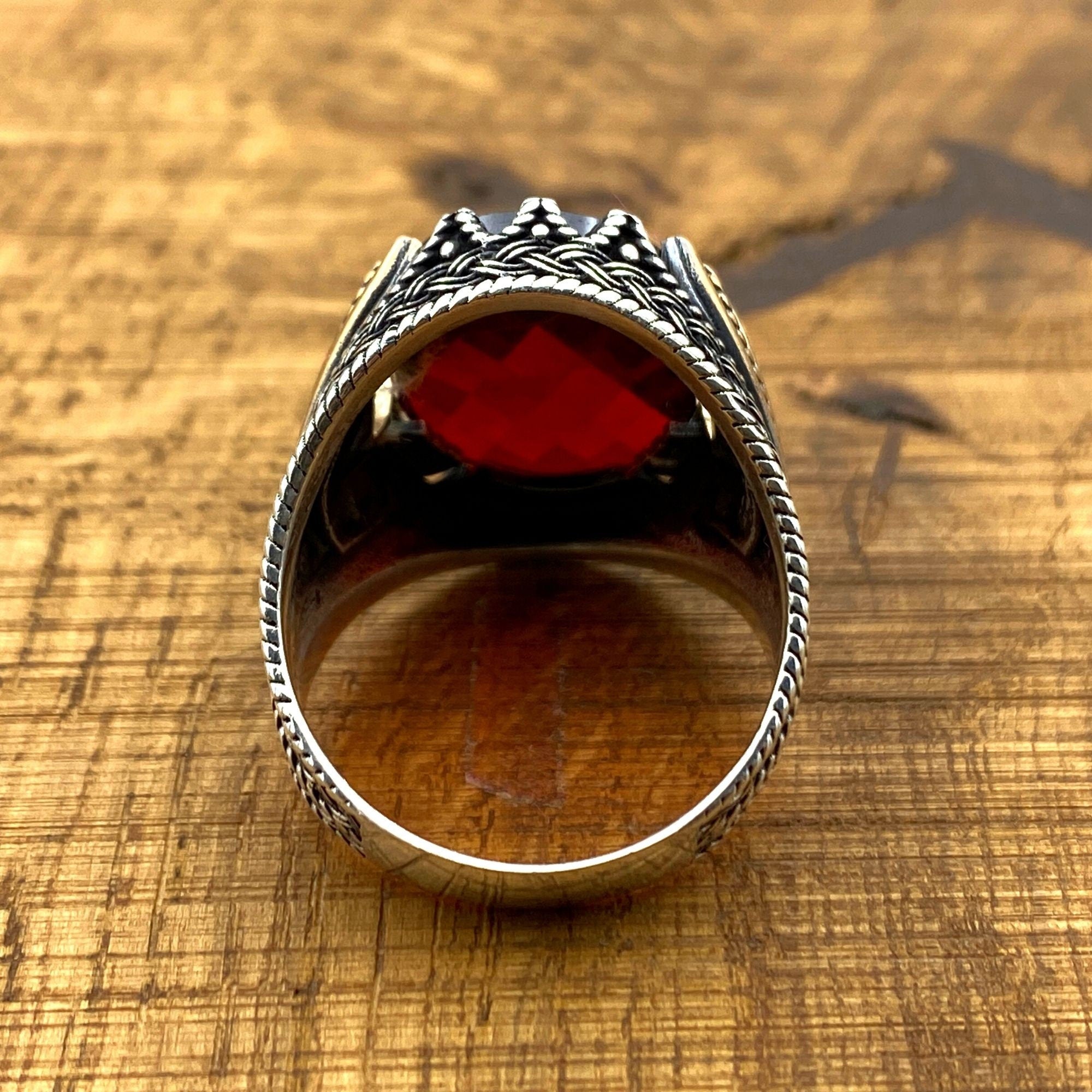Men's Handcrafted 925 Sterling Silver Crown Ring with Red Zircon Gemstone