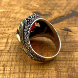 Men's Handcrafted 925 Sterling Silver Crown Ring with Red Zircon Gemstone