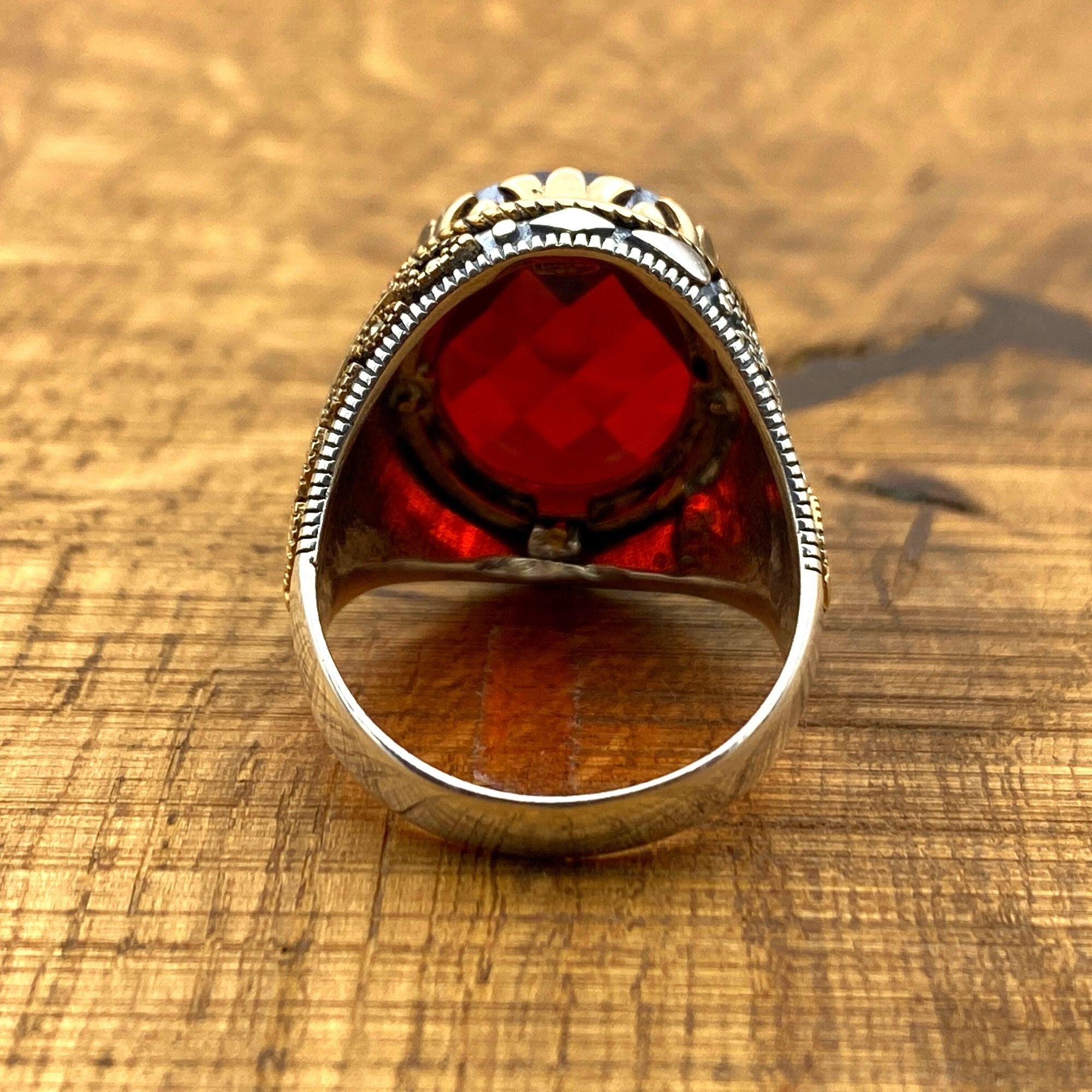 Artisan Crafted Ottoman Style Men's Ring - 925 Sterling Silver with Red Zirconia Stone | Unique Gift for Him