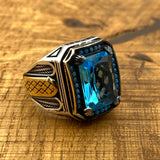 Men's Authentic Turkish Ottoman Style Aquamarine 925 Sterling Silver Ring