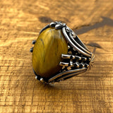 Handmade Men's 925 Sterling Silver Yemeni Aqeeq Tiger's Eye Ottoman Ring