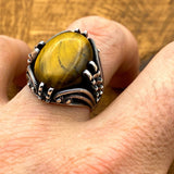 Handmade Men's 925 Sterling Silver Yemeni Aqeeq Tiger's Eye Ottoman Ring