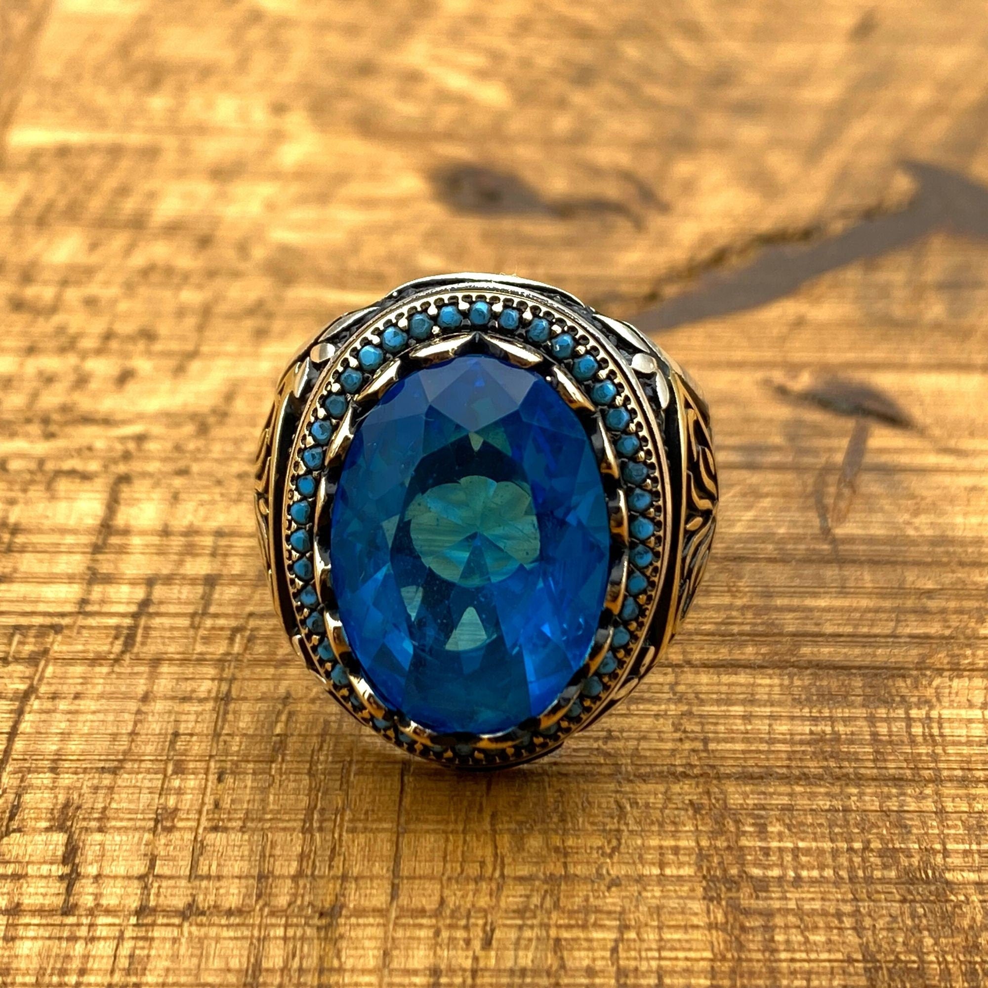 Men's Premium Handmade Turkish 925 Sterling Silver Oval Aquamarine Ring