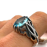 Men's Handmade Ottoman Aquamarine Blue 925 Sterling Silver Ring - Unique Statement Gift