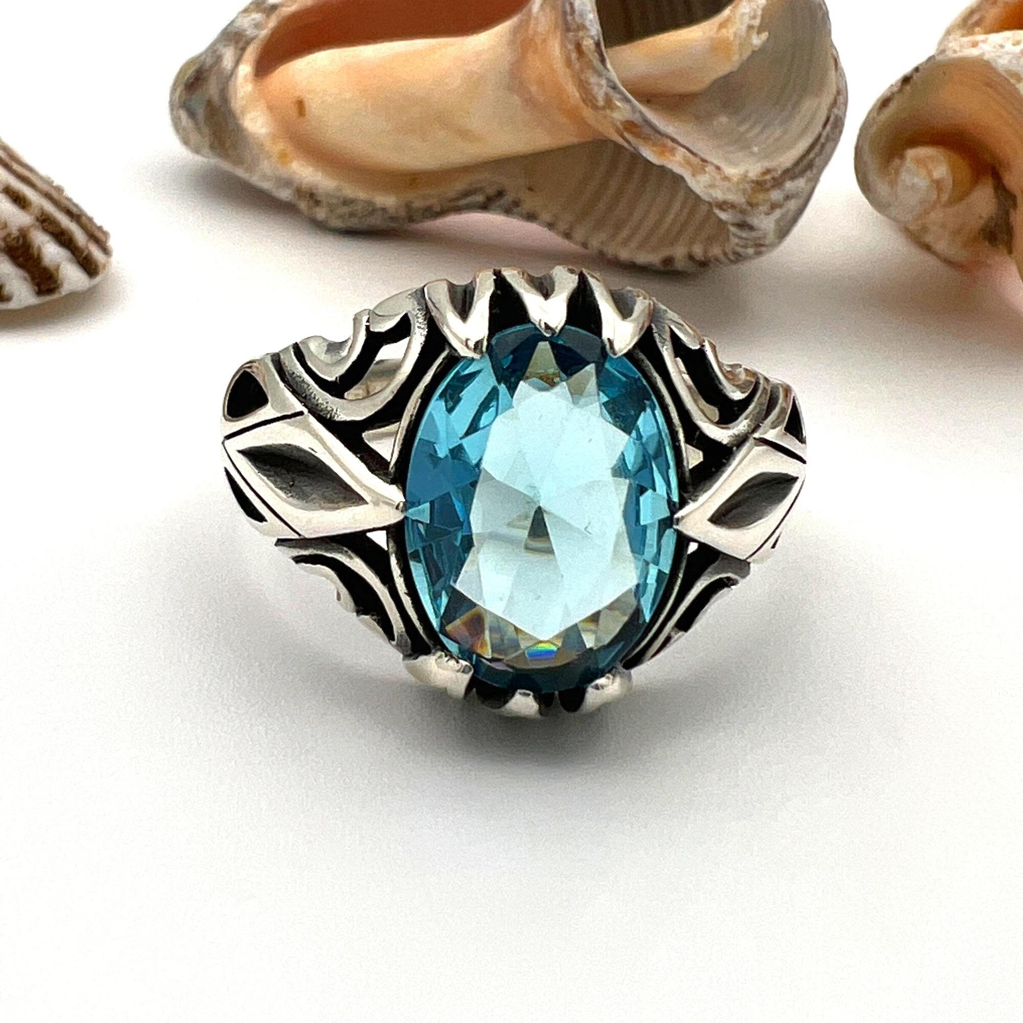 Men's Handmade Ottoman Aquamarine Blue 925 Sterling Silver Ring - Unique Statement Gift