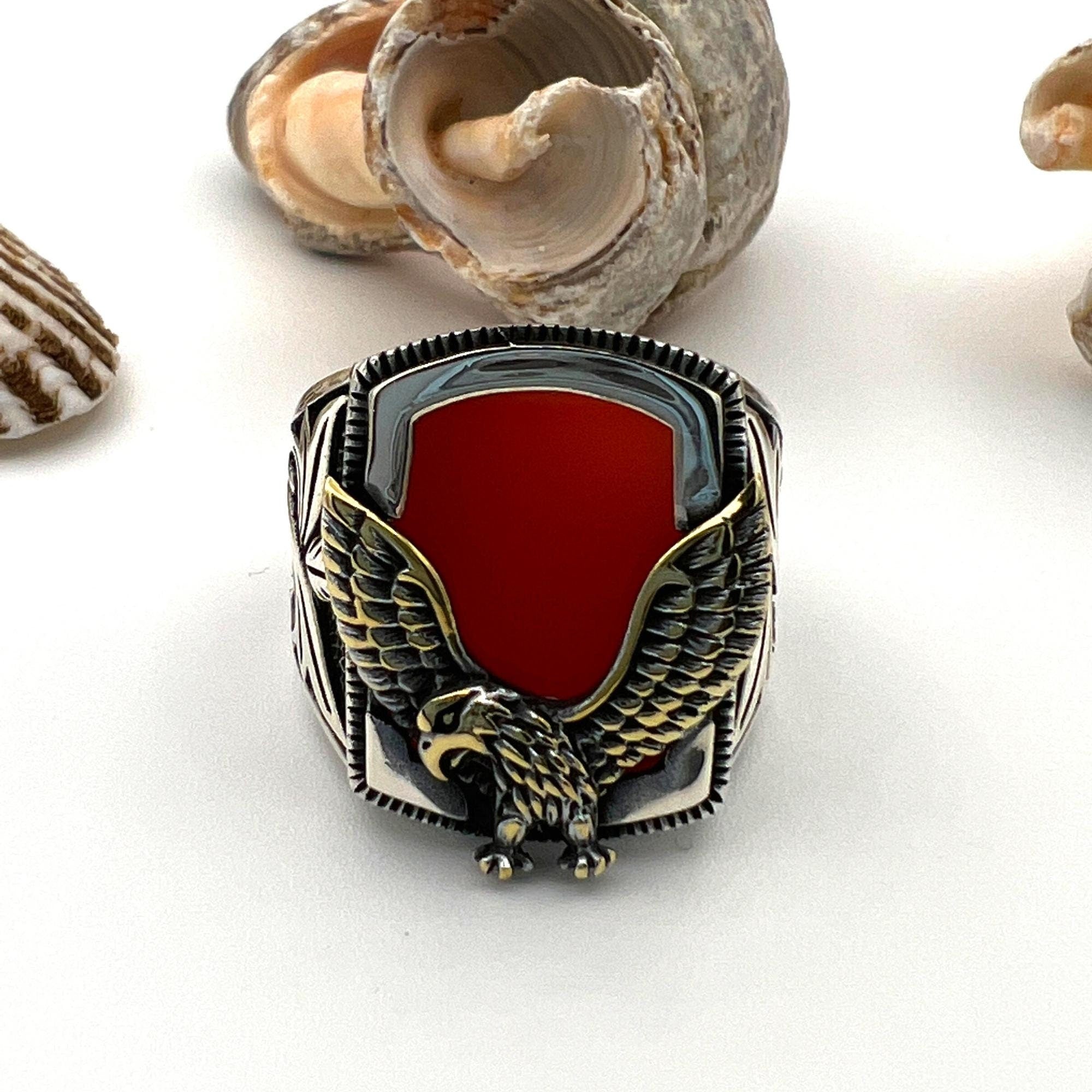 Turkish Handmade Men's Red Agate 925 Sterling Silver Statement Ring