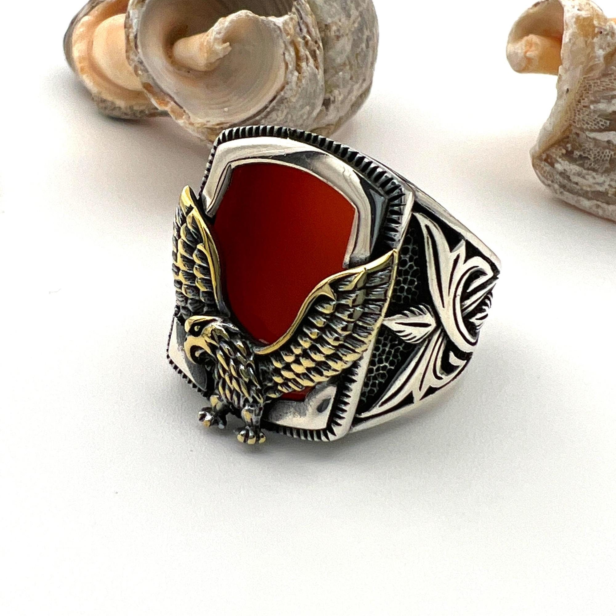 Turkish Handmade Men's Red Agate 925 Sterling Silver Statement Ring