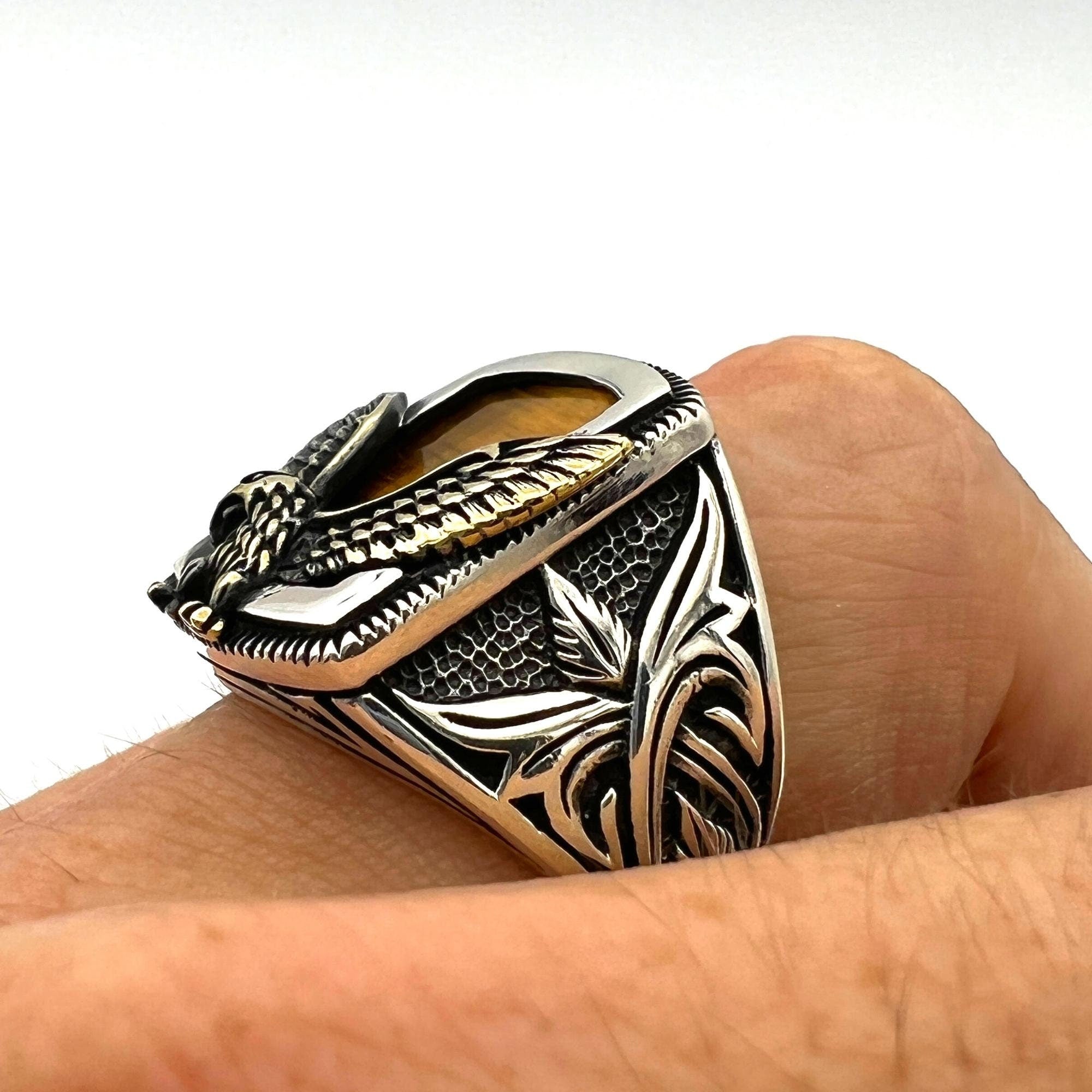 Men's Handmade 925 Sterling Silver Tiger's Eye Eagle Ring | Authentic Turkish Craftsmanship