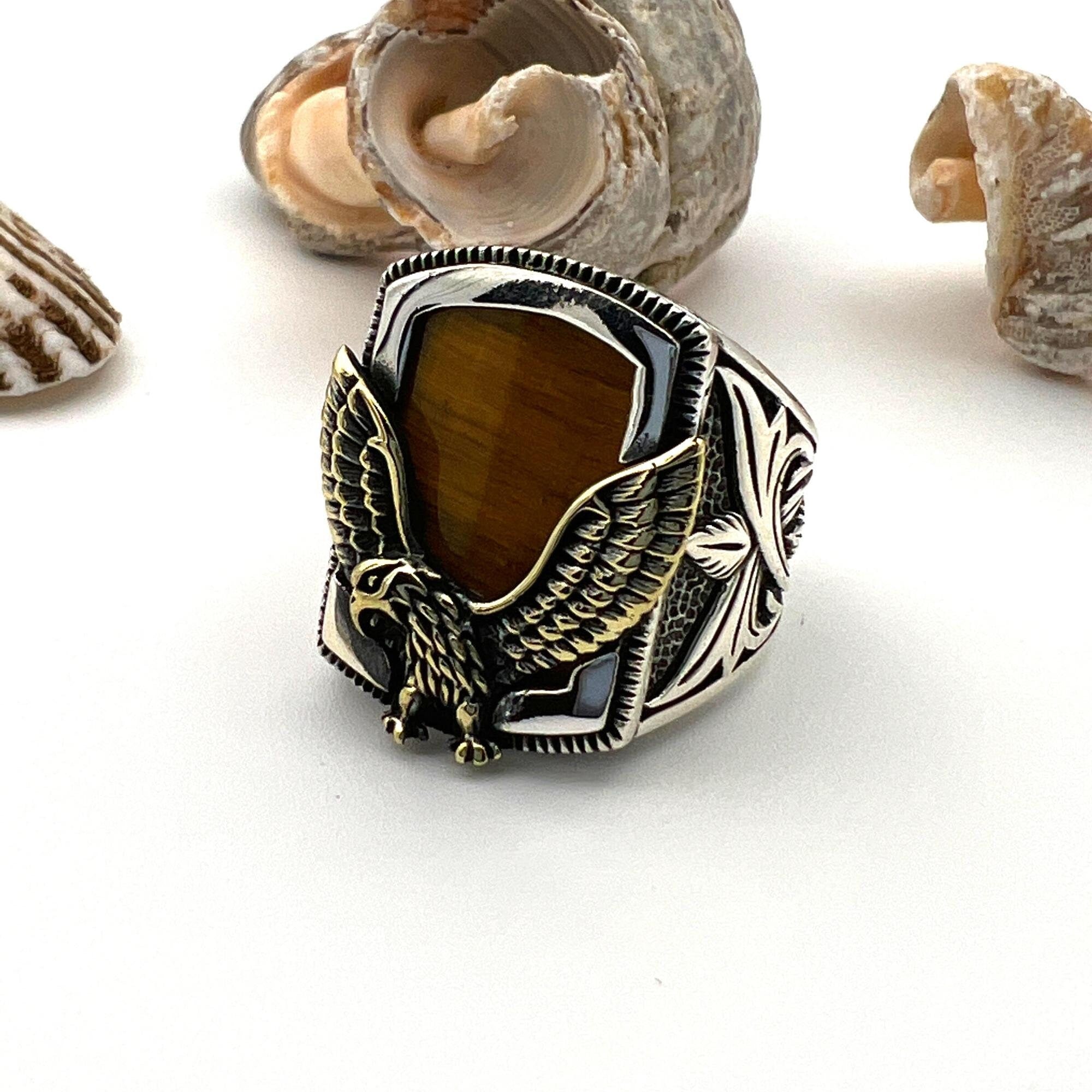 Men's Handmade 925 Sterling Silver Tiger's Eye Eagle Ring | Authentic Turkish Craftsmanship
