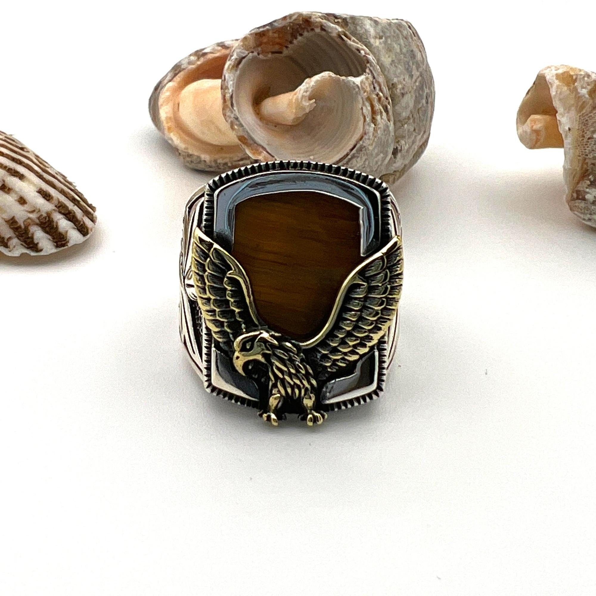 Men's Handmade 925 Sterling Silver Tiger's Eye Eagle Ring | Authentic Turkish Craftsmanship