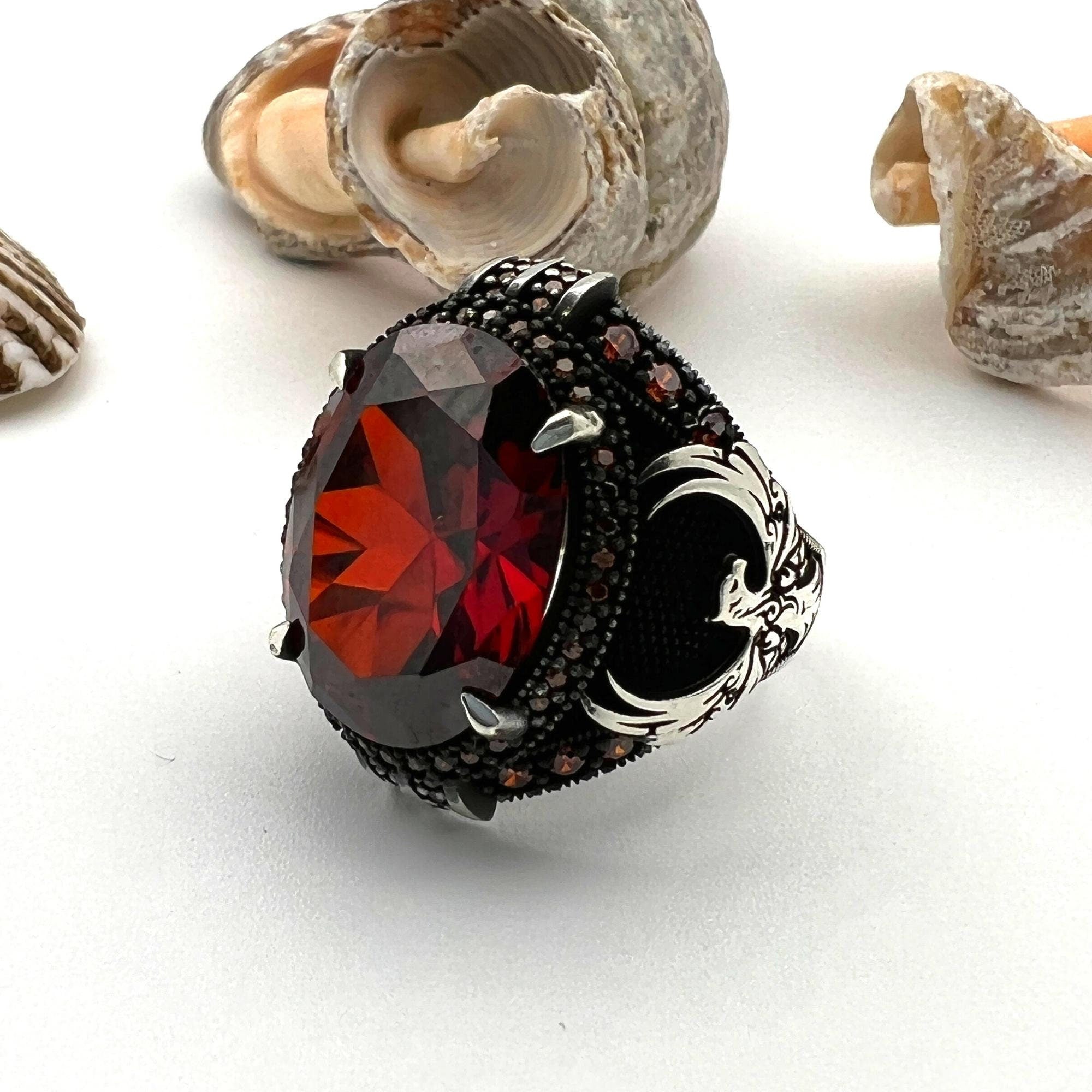 Men's Handmade Sterling Silver Ruby Eagle Ottoman Statement Ring