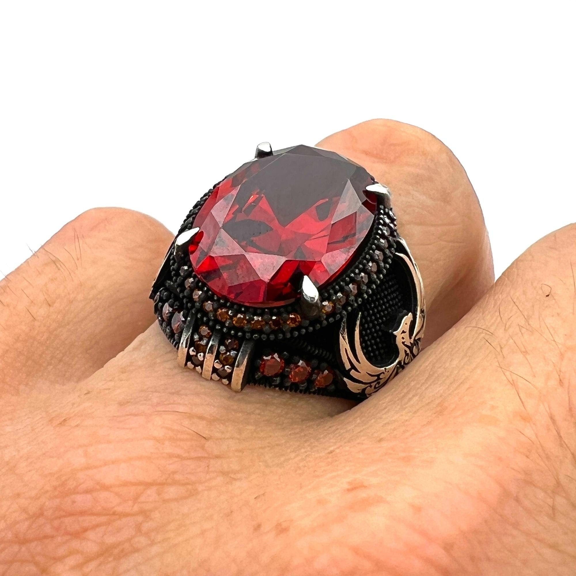 Men's Handmade Sterling Silver Ruby Eagle Ottoman Statement Ring