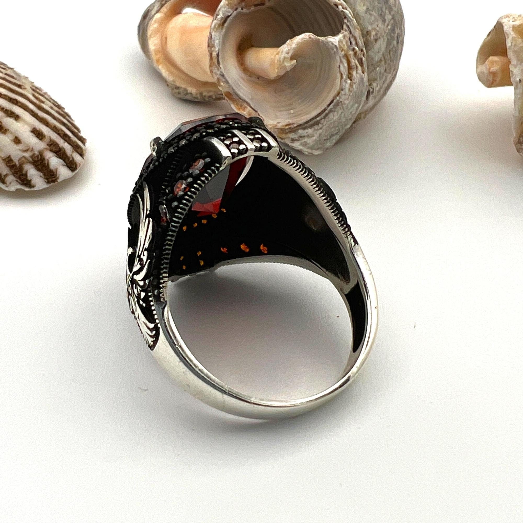 Men's Handmade Sterling Silver Ruby Eagle Ottoman Statement Ring