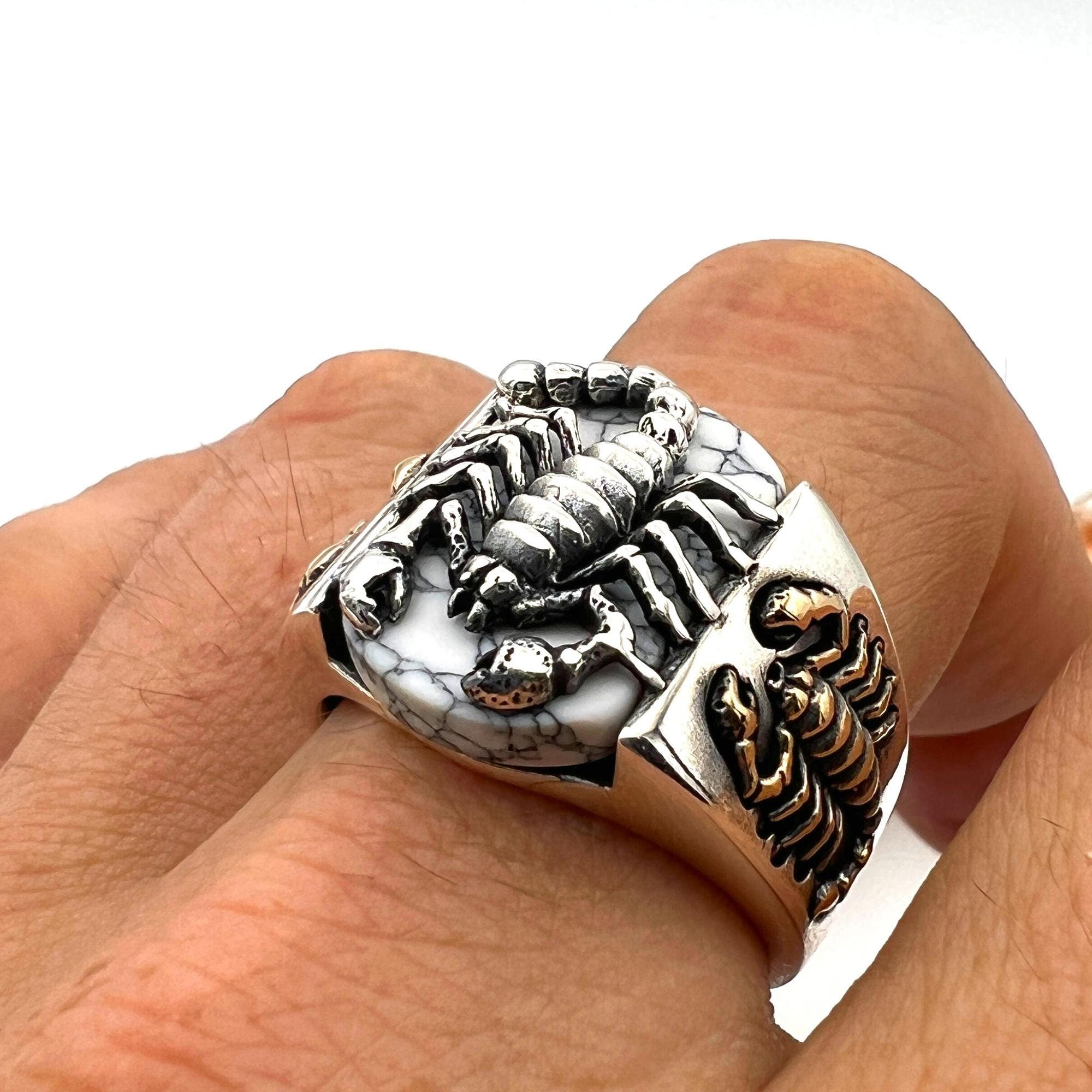 خاتم رجالي تركي يدوي من الفضة الإسترلينية 925 على طراز العثماني بشكل عقرب مع حجر الفيروز