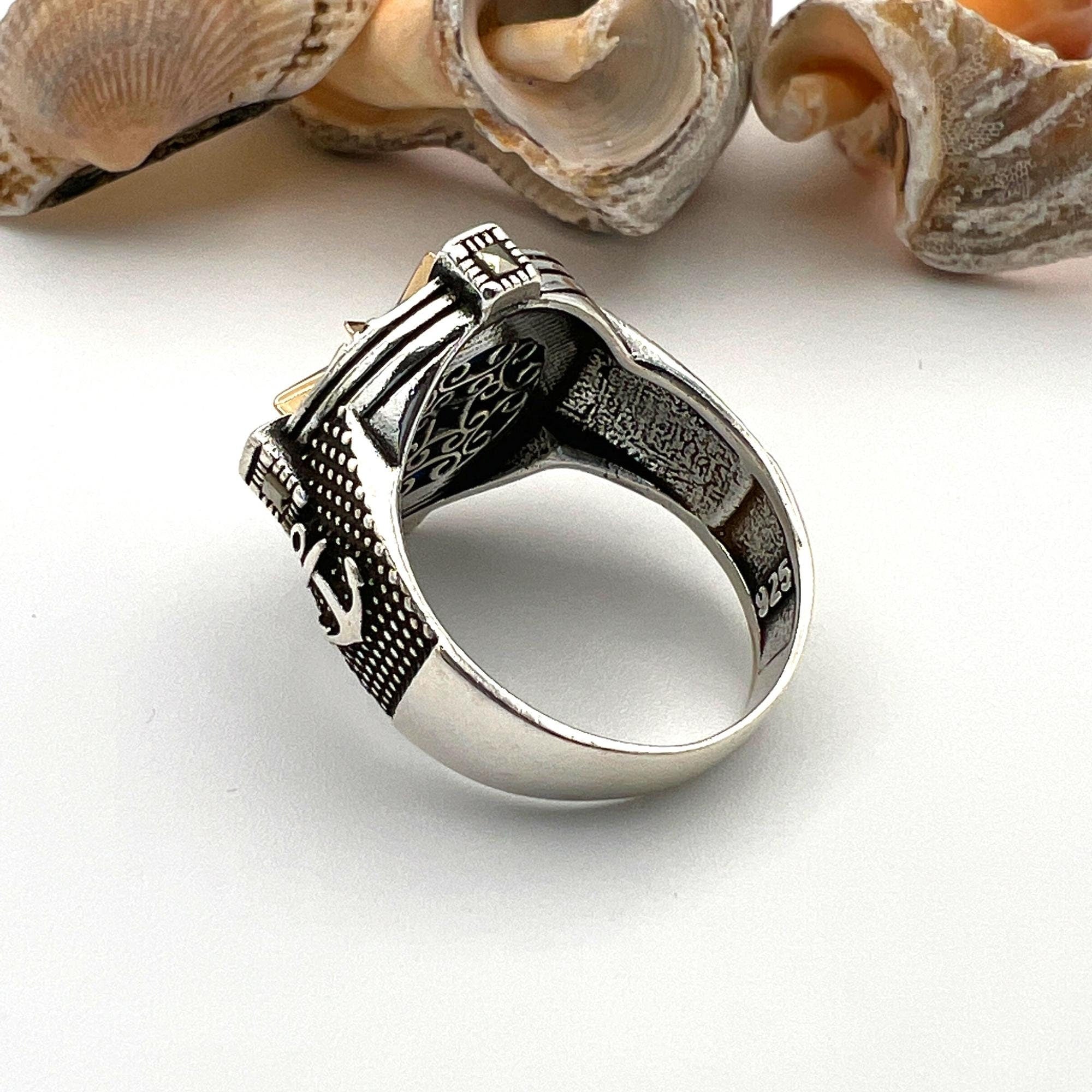 خاتم رجالي تركي مصنوع يدويًا من الفضة الإسترلينية 925 مع حجر الفيروز - هدية فريدة له