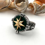 Bague boussole ancre artisanale unique pour homme en argent sterling 925 avec agate verte faite à la main