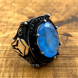 Exquisite Men's Turkish Handmade 925 Sterling Silver Blue Tourmaline Statement Ring