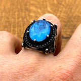 Exquisite Men's Turkish Handmade 925 Sterling Silver Blue Tourmaline Statement Ring