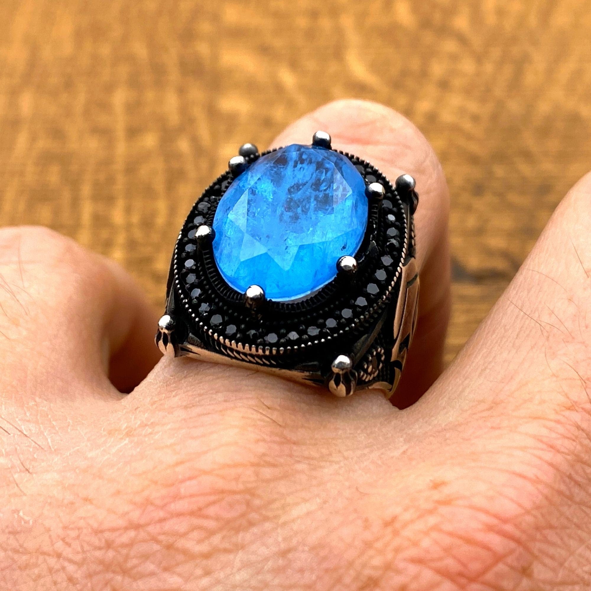 Exquisite Men's Turkish Handmade 925 Sterling Silver Blue Tourmaline Statement Ring