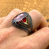 Men's Handcrafted 925 Sterling Silver Crown Ring with Red Zircon Gemstone
