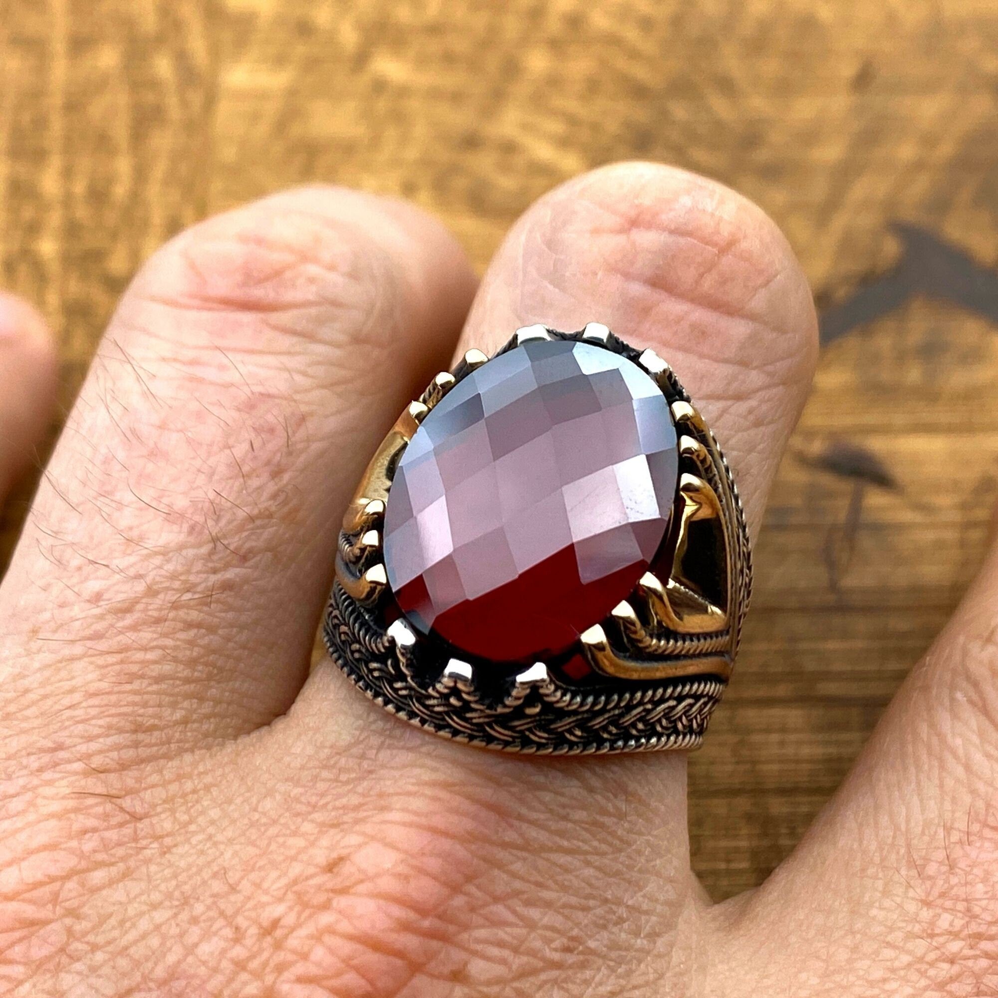 Men's Handcrafted 925 Sterling Silver Crown Ring with Red Zircon Gemstone