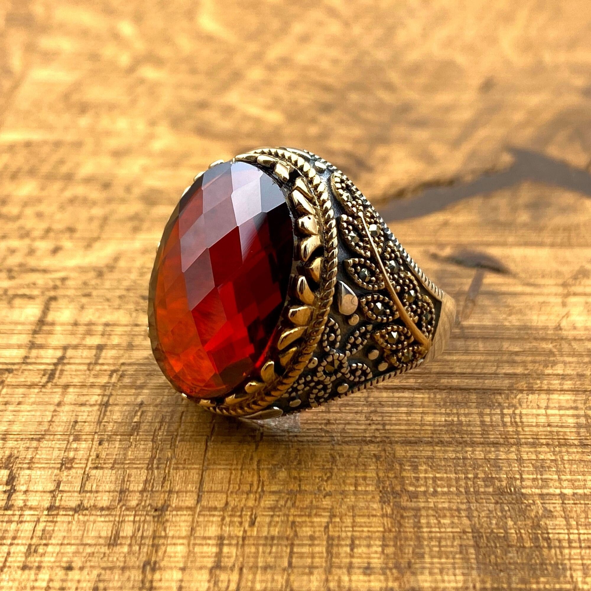 Artisan Crafted Ottoman Style Men's Ring - 925 Sterling Silver with Red Zirconia Stone | Unique Gift for Him
