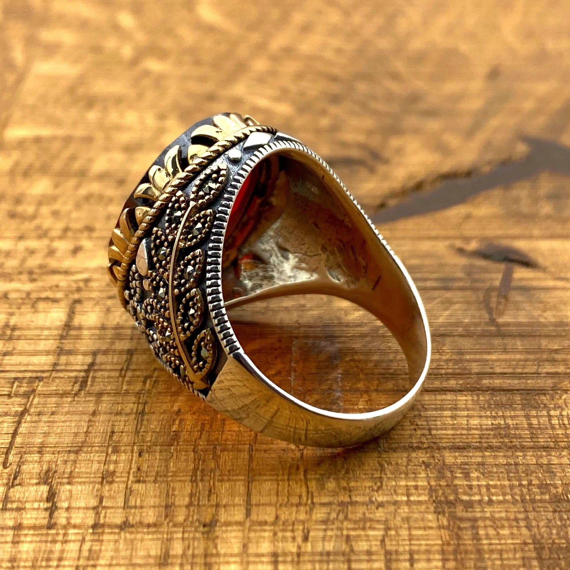 Artisan Crafted Ottoman Style Men's Ring - 925 Sterling Silver with Red Zirconia Stone | Unique Gift for Him