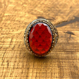 Artisan Crafted Ottoman Style Men's Ring - 925 Sterling Silver with Red Zirconia Stone | Unique Gift for Him