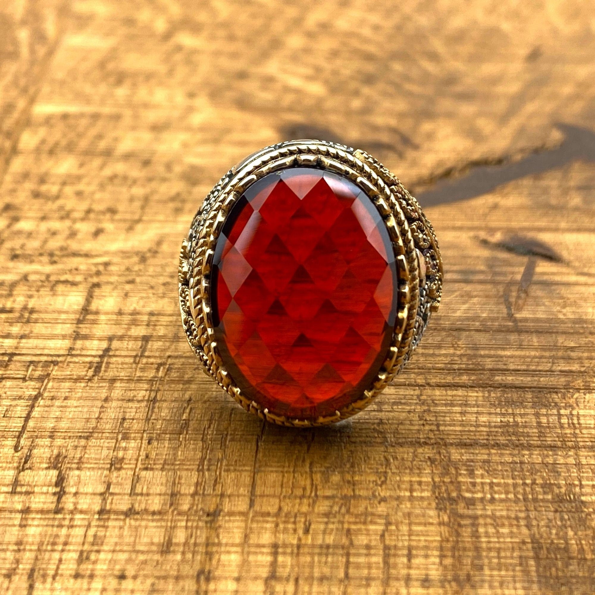 Artisan Crafted Ottoman Style Men's Ring - 925 Sterling Silver with Red Zirconia Stone | Unique Gift for Him