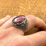 Artisan Crafted Ottoman Style Men's Ring - 925 Sterling Silver with Red Zirconia Stone | Unique Gift for Him