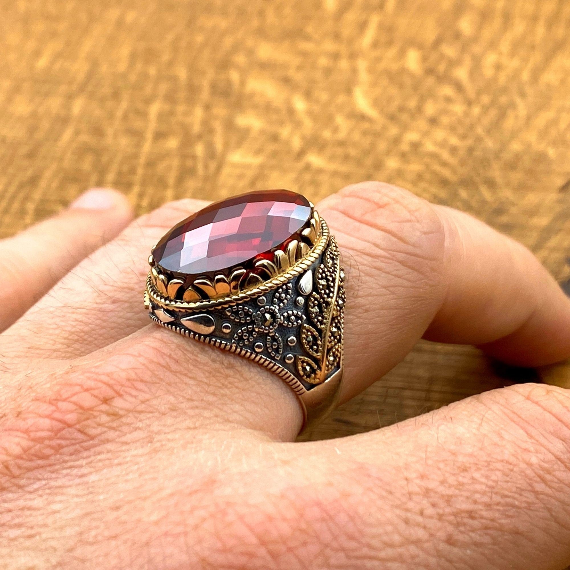 Artisan Crafted Ottoman Style Men's Ring - 925 Sterling Silver with Red Zirconia Stone | Unique Gift for Him