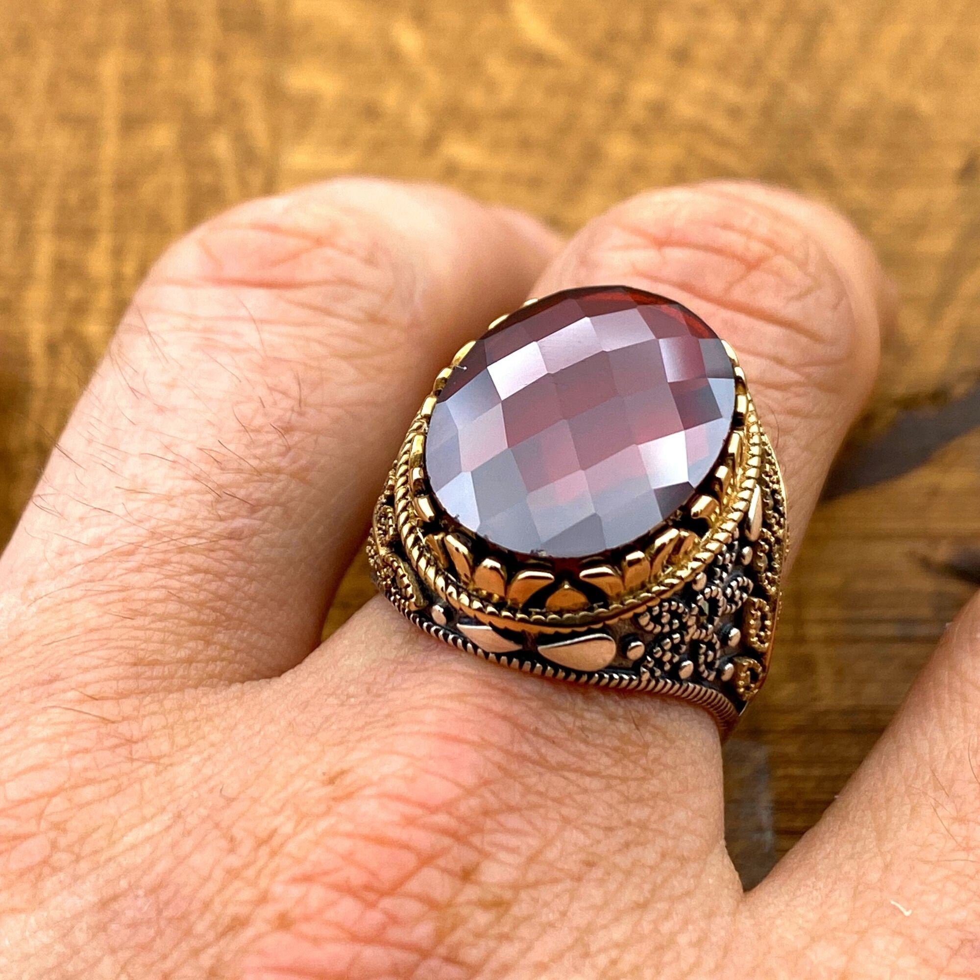 Artisan Crafted Ottoman Style Men's Ring - 925 Sterling Silver with Red Zirconia Stone | Unique Gift for Him