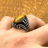 Handmade Men's 925 Sterling Silver Yemeni Aqeeq Tiger's Eye Ottoman Ring