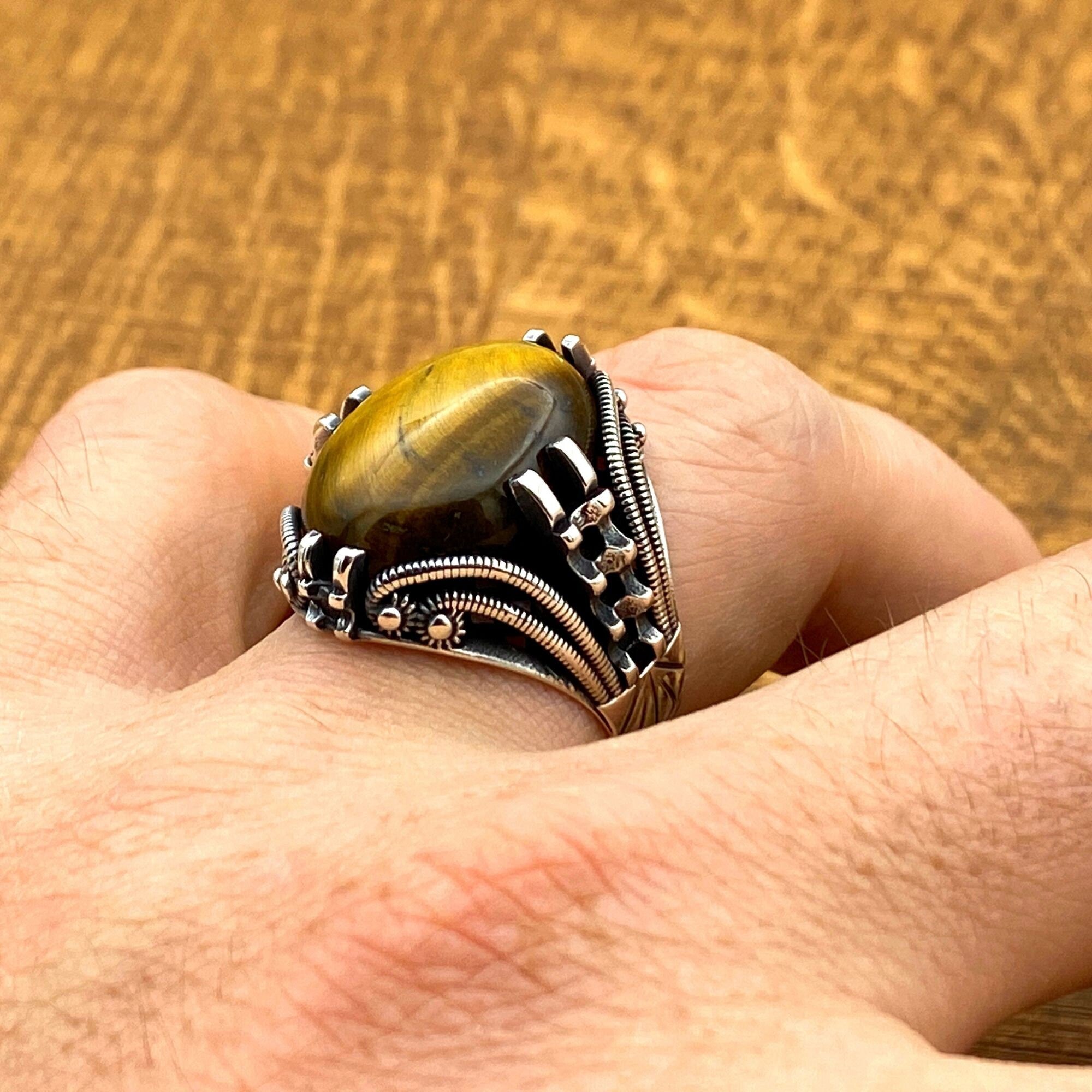 Handmade Men's 925 Sterling Silver Yemeni Aqeeq Tiger's Eye Ottoman Ring