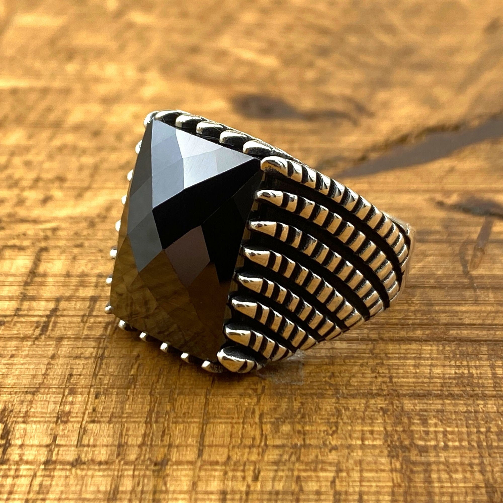 Turkish Handmade 925 Sterling Silver Men's Black Zircon Statement Ring | Unique Gift for Him