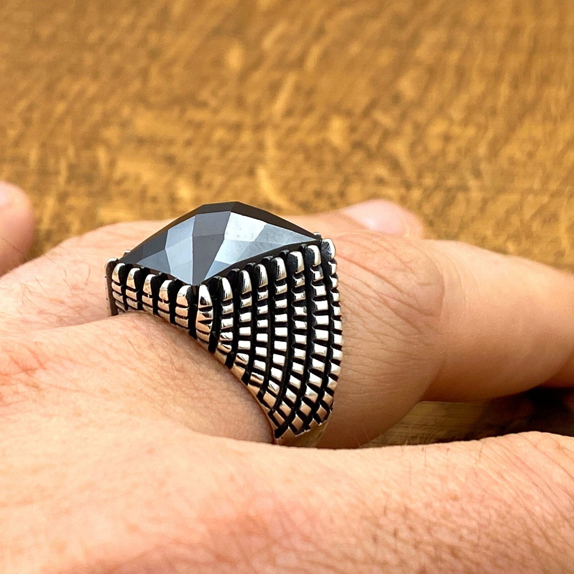 Turkish Handmade 925 Sterling Silver Men's Black Zircon Statement Ring | Unique Gift for Him