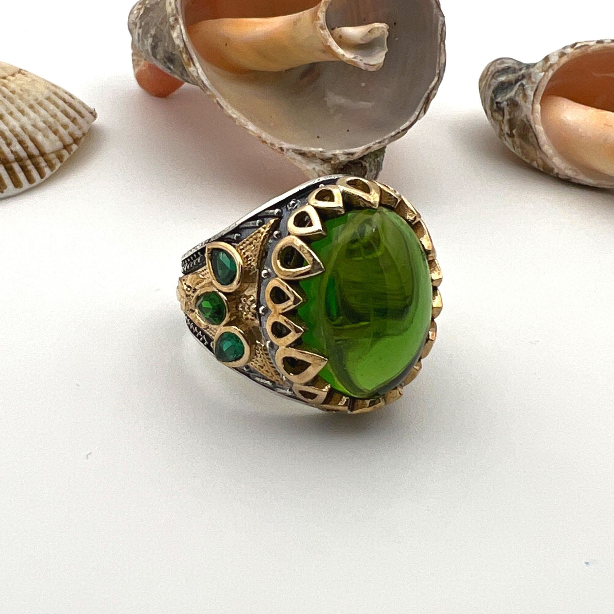 Handmade Men's Green Agate 925 Sterling Silver Ring - Authentic Turkish Craftsmanship & Gift for Him